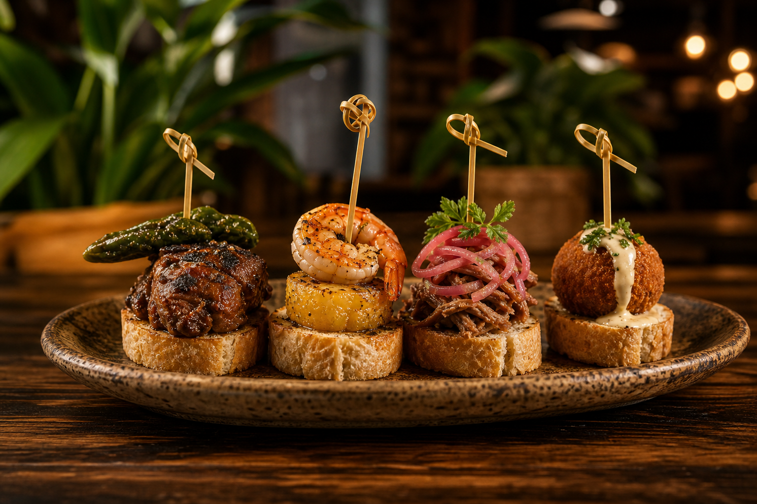 Cuatro pinchos puertorriqueños servidos en una fuente de cerámica
